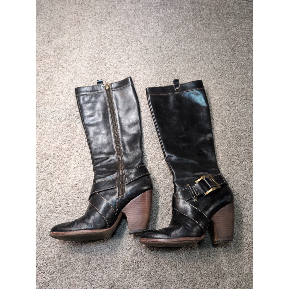 Frye Andrea Belted Tall Black Leather Knee High Boots 77321 Womens 7.5M Buckle